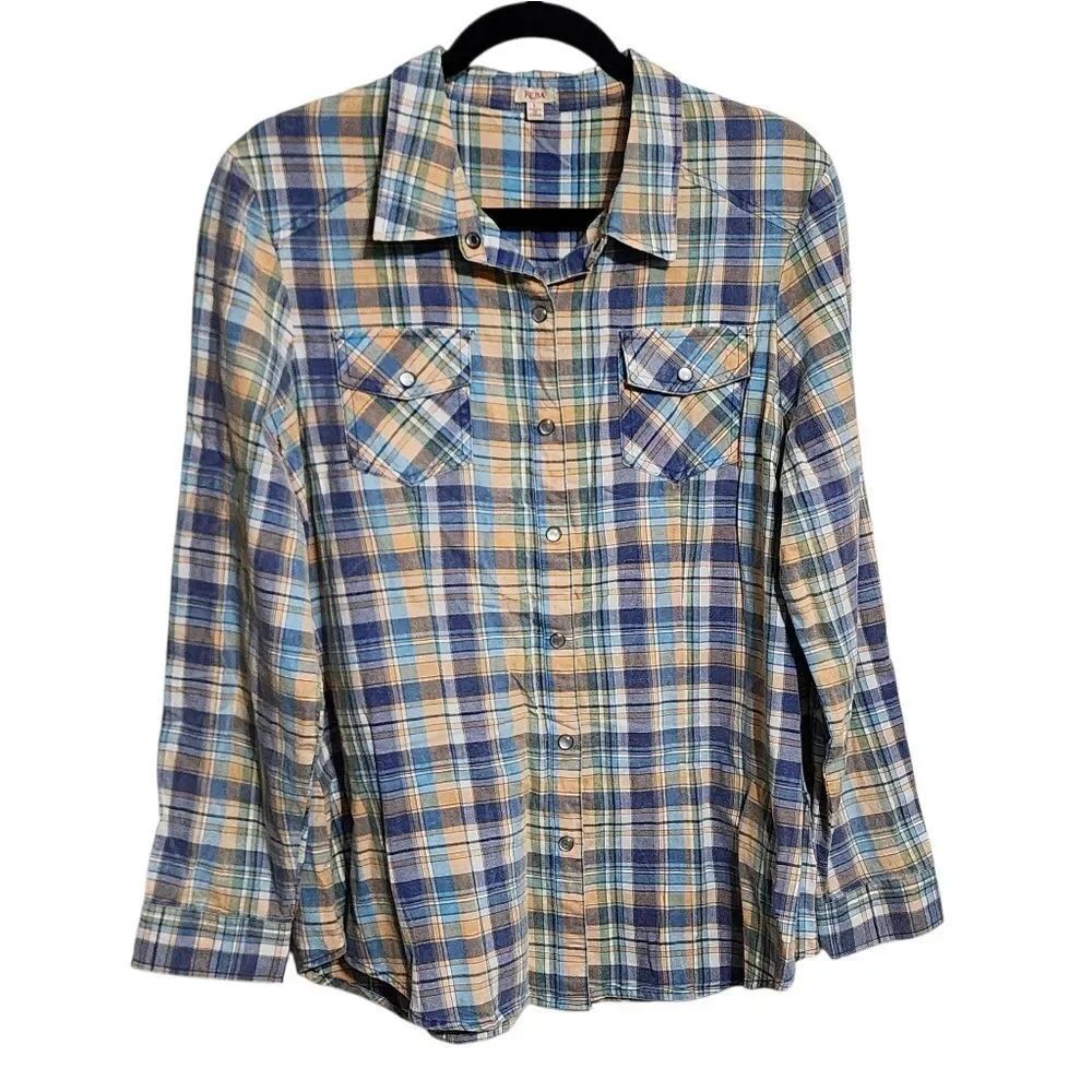 Reba Top L Plaid Pearl Snap Button Up Roll Tab Sleeve Western Cowgirl NWT
